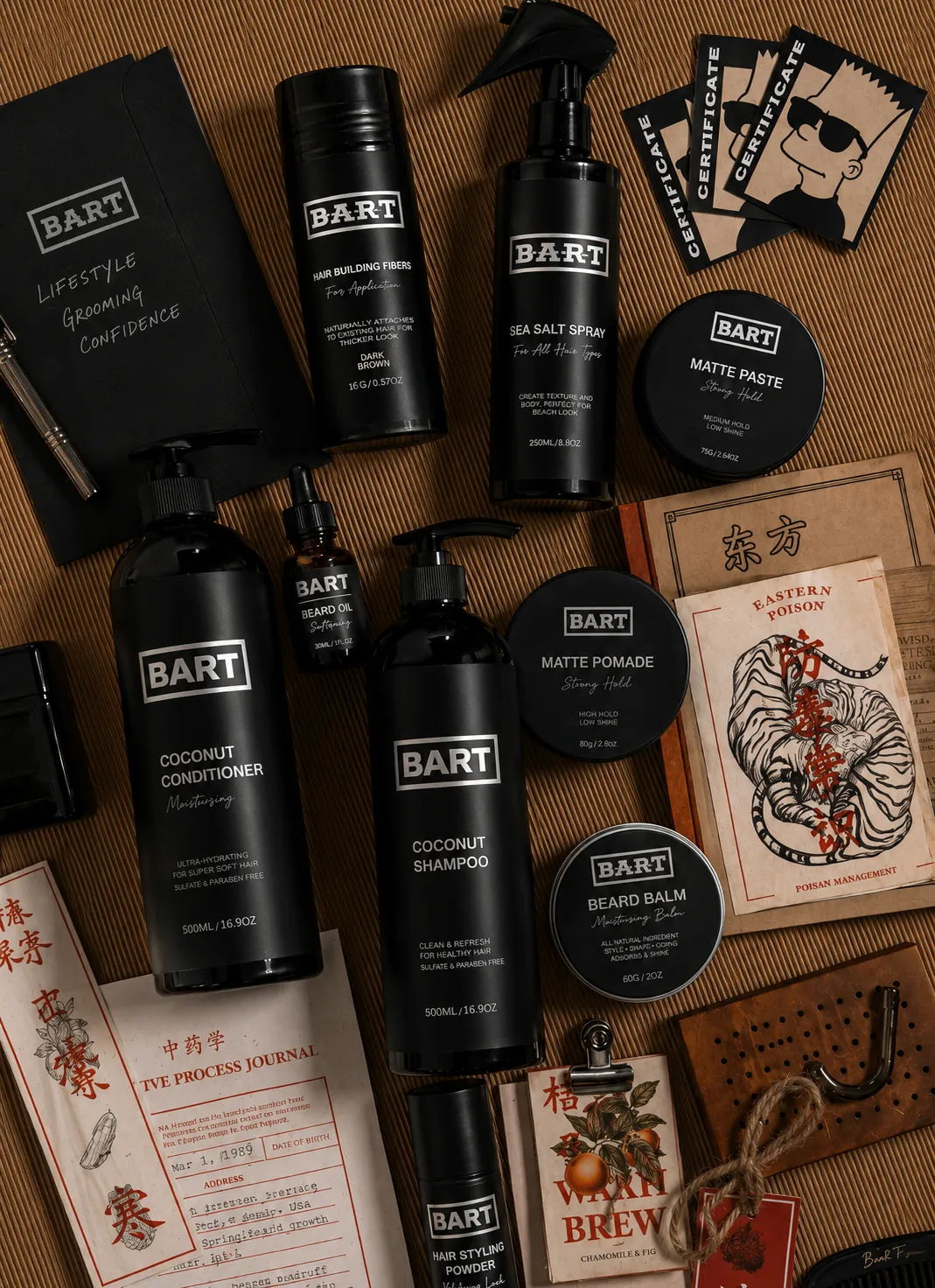 BART Barbershop products laid out on a table